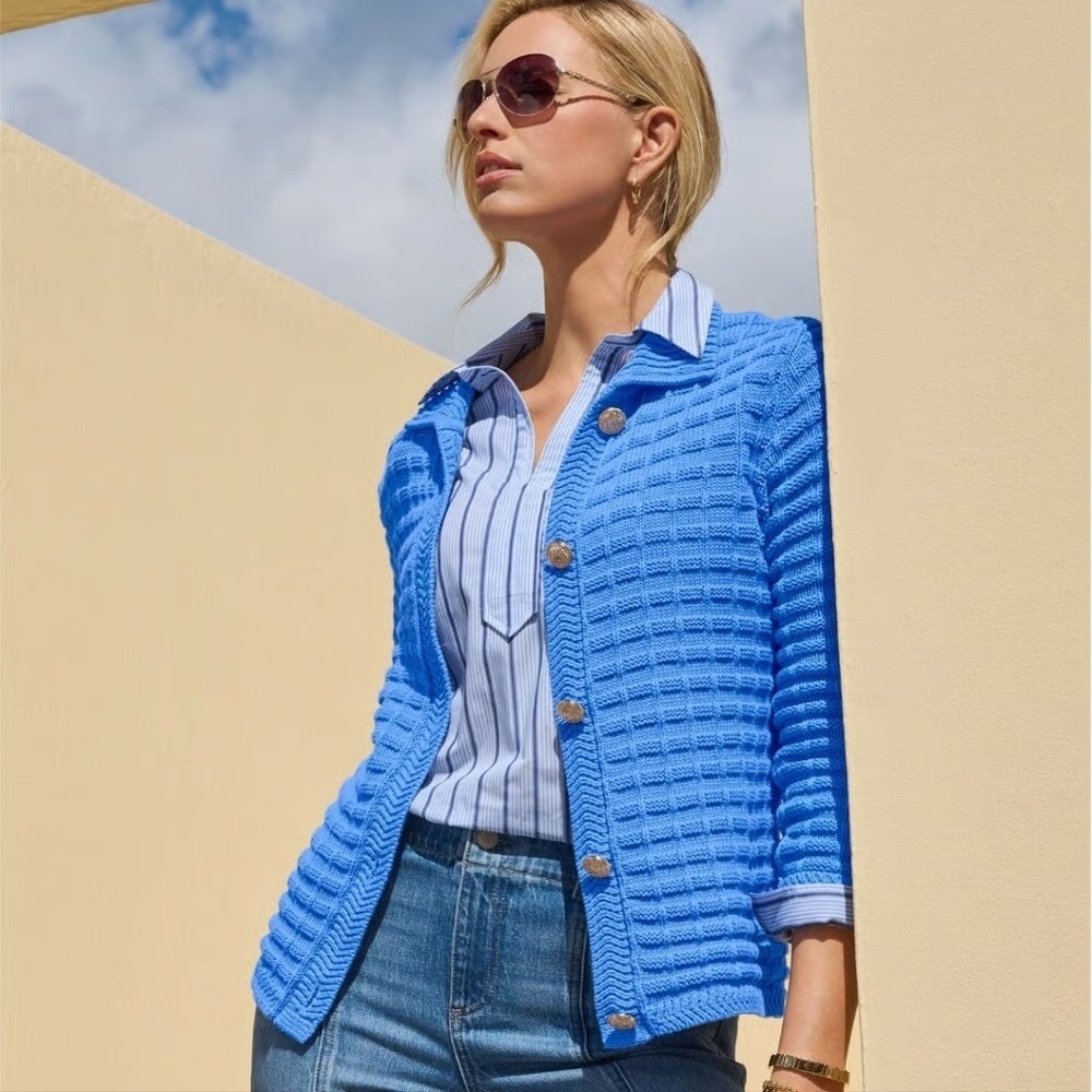 Talbots Blue Textured Women's polo sweater cardigan with gold buttons